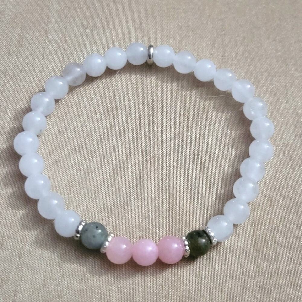 Moonstone and rose quartz crystal beaded stretchy bracelet